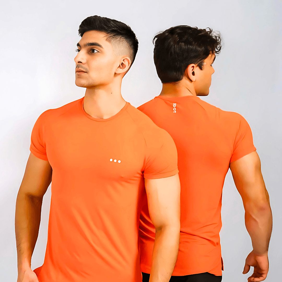 Camiseta masculina slim para academia e corrida com UV50 e dry fit cor laranja